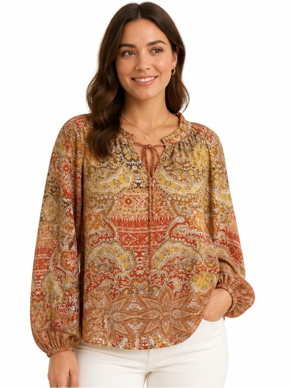 Rachel Zoe Rust Multi Paisley Tie-Neck Peasant Blouse